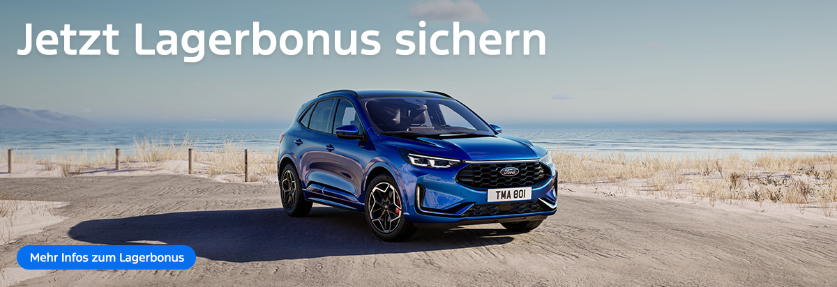 Zwei Ford Fahrzeuge auf einer Strandstraße, darunter der Text 'Jetzt Lagerbonus sichern' mit einem blauen Button.