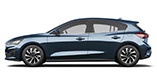 Blauer Kompaktwagen im Profil, mit sportlichem Design und eleganten Linien.