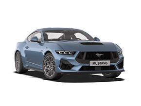 Blauer Ford Mustang mit sportlichem Design und charakteristischem Kühlergrill.