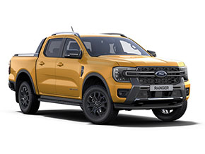 Ford Ranger in leuchtendem Gelb, Frontansicht, moderner Pickup-Truck, mit schwarzem Kühlergrill und Offroad-Reifen.
