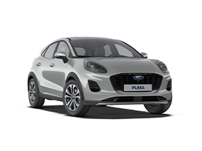 Ein grauer Ford Puma, ein modernes SUV, frontal mit sichtbarem Markenlogo und sportlichem Design.