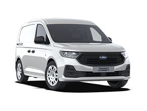 Weißer Ford Transit Connect Lieferwagen aus der Frontansicht, mit schwarzer Kühlergrillstruktur.