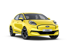 Gelber Ford Puma SUV mit sportlichem Design und schwarzen Rädern, frontal angesicht. Modern und dynamisch.