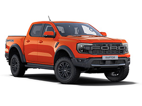 Ein orangefarbener Ford Raptor Pickup mit geländetauglichen Reifen und sportlichem Design.