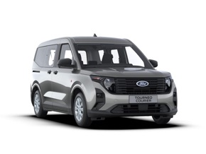 Ford Tourneo Courier in Grau, kompakter Vans für Familien, zeigt modernes Design und Innenraum für mehrere Passagiere.