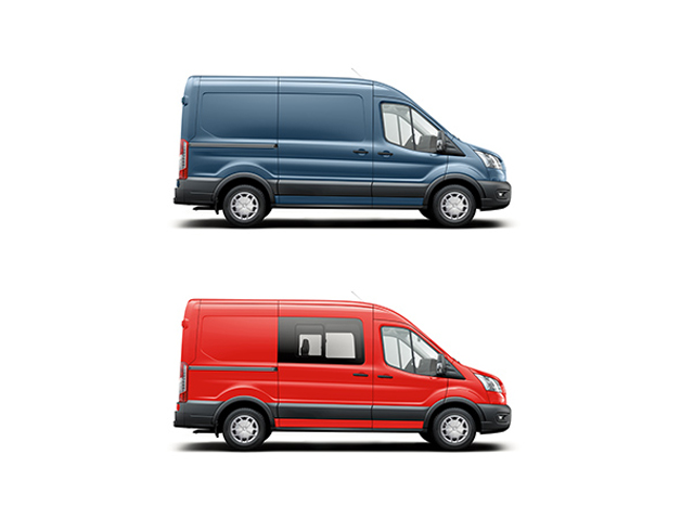 Zwei Lieferwagen im Profil: oben in Blau, unten in Rot, beide mit verschiedenen Fenstern.