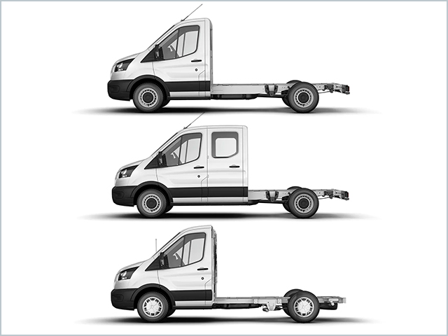 Drei seitliche Ansichten eines weißen Transporters mit unterschiedlichen Kabinendesigns auf einem weißen Hintergrund.