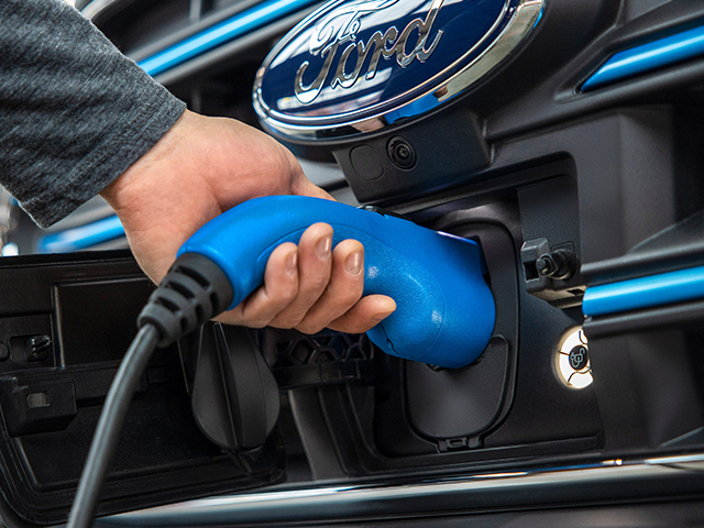 Eine Hand hält ein blaues Ladekabel, das in den Ladeanschluss eines Ford-Fahrzeugs eingesteckt wird.